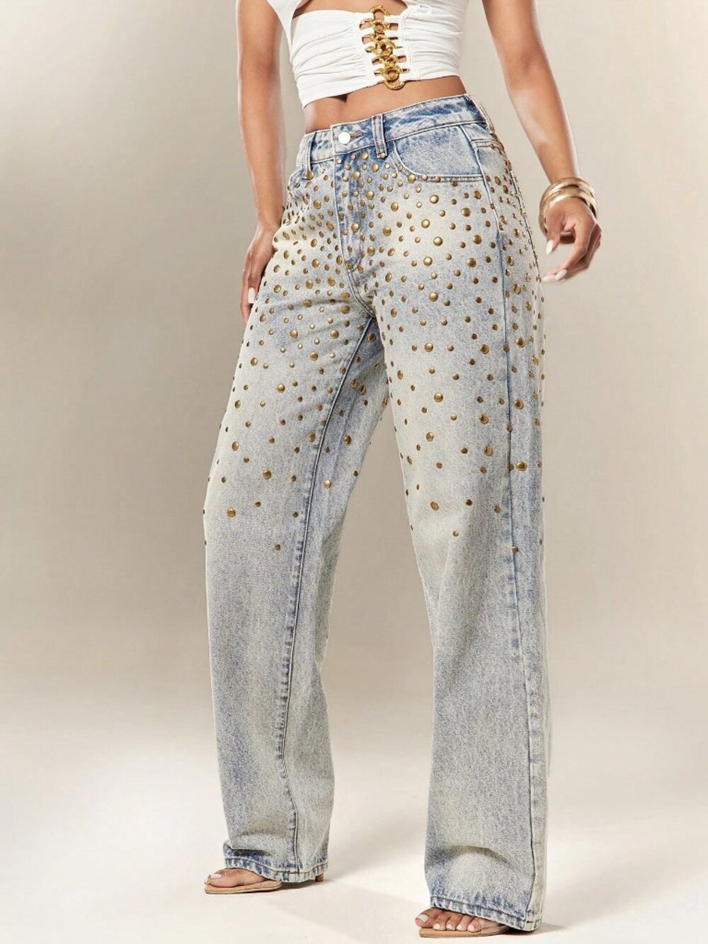 Medium Wash Casual Women's Studded Low Waist Zipper Fly Loose Straight Leg Jeans - Picture 5 of 5